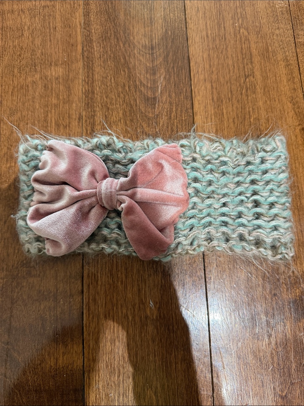 Knit Headband with Velvet Bow - Pink and Mint